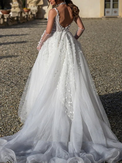 Elegant & Gorgeous A-Line Wedding Dresses Spaghetti Appliqued Tulle Sweep Train Bridal Gowns