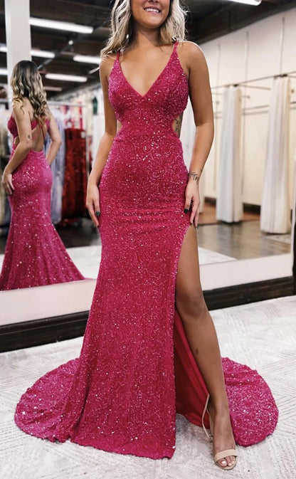 RP946-Sparkling Fuchsia Mermaid Spaghetti Beads Sequins Sleeveless Long Prom Evening Dresses Formal Party Gowns With Slit