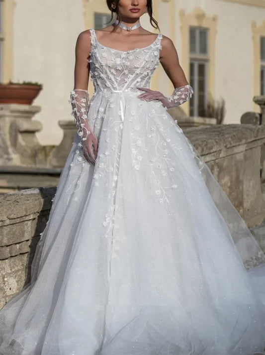 Elegant & Gorgeous A-Line Wedding Dresses Spaghetti Appliqued Tulle Sweep Train Bridal Gowns