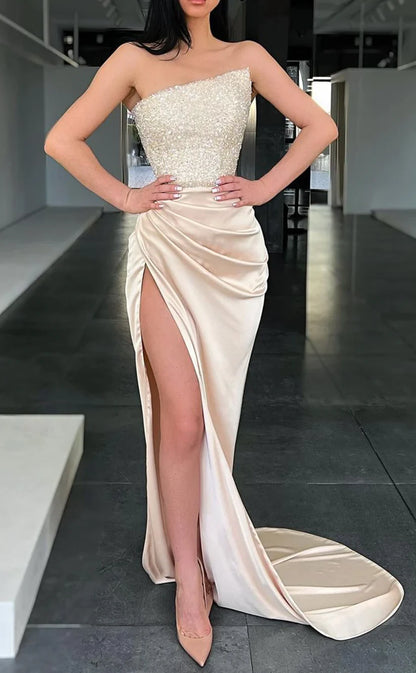 RP435-Elegant Mermaid Strapless Sequins Ruched Sleeveless Long Prom Evening Dresses Formal Party Gowns With Slit