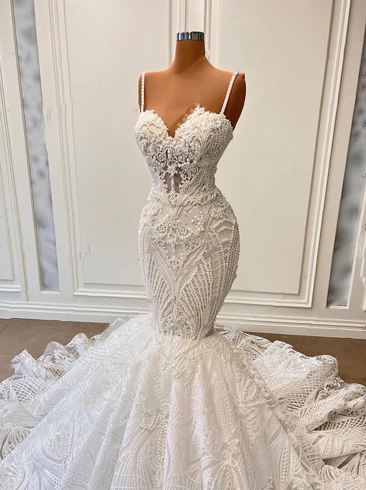 Sexy Mermaid Wedding Dresses Spaghetti Beads Appliques Sweep Train Backless Lace Bridal Gowns Custom Made