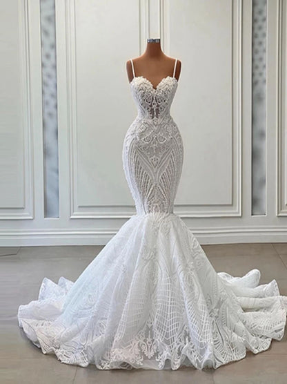 Sexy Mermaid Wedding Dresses Spaghetti Beads Appliques Sweep Train Backless Lace Bridal Gowns Custom Made