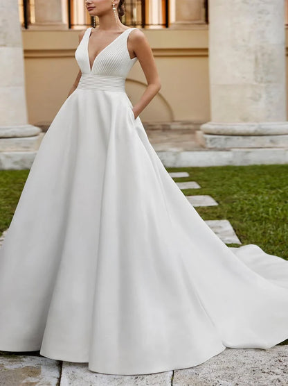 Modern Ball Gown Wedding Dresses V-Neck Pleated Sweep Train Satin Bridal Gowns Custom Made