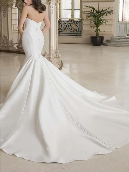 Simple & Gorgeous Mermaid Wedding Dresses Sweetheart Pleated Sweep Train Bridal Gowns Custom Made