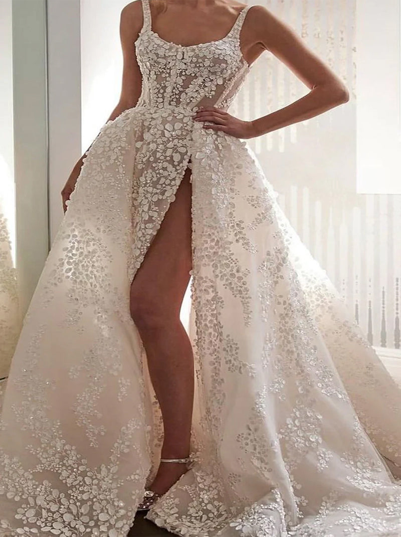 Elegant & Gorgeous A-Line Wedding Dresses Spaghetti Appliqued Tulle Train Bridal Gowns With Slit