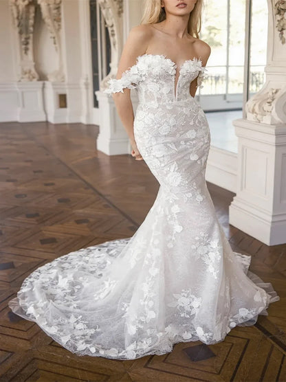 Gorgeous Mermaid Wedding Dresses Off The Shoulder Appliqued Cap Sleeves Tulle Sweep Train Bridal Gowns Custom Made