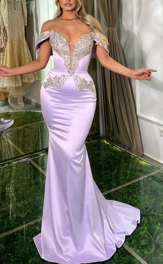 RP948-Gorgeous Lavender Mermaid Off-the-Shoulder Beads Cap Sleeves Long Prom Evening Dresses Formal Party Gowns