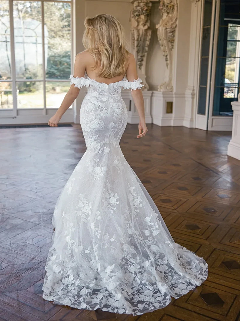 Gorgeous Mermaid Wedding Dresses Off The Shoulder Appliqued Cap Sleeves Tulle Sweep Train Bridal Gowns Custom Made