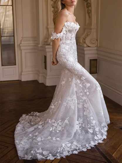 Gorgeous Mermaid Wedding Dresses Off The Shoulder Appliqued Cap Sleeves Tulle Sweep Train Bridal Gowns Custom Made