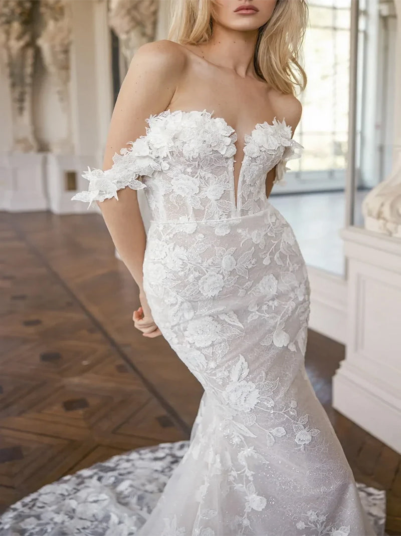 Gorgeous Mermaid Wedding Dresses Off The Shoulder Appliqued Cap Sleeves Tulle Sweep Train Bridal Gowns Custom Made