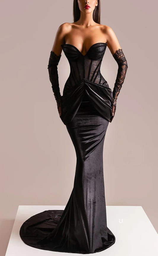 RP949-Sexy Black Mermaid Sweetheart Pleated Long Sleeves Prom Evening Dresses Formal Party Gowns