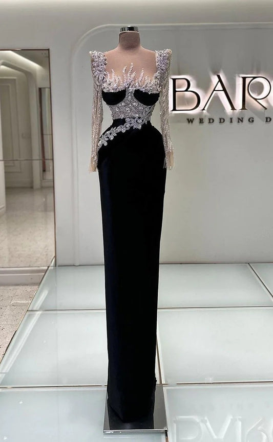 RP950-Gorgeous Black Mermaid Sweetheart Beads Crystals Long Sleeves Velvet Long Prom Evening Dresses Formal Party Gowns