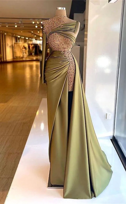 RP1947-Unique Mermaid High Neck Beaded Appliqued Sleeveless Satin Prom Evening Dresses Formal Party Gowns With Slit