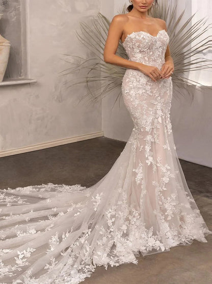 Gorgeous Mermaid Wedding Dresses Sweetheart Appliqued Sleeveless Tulle Sweep Train Bridal Gowns Custom Made