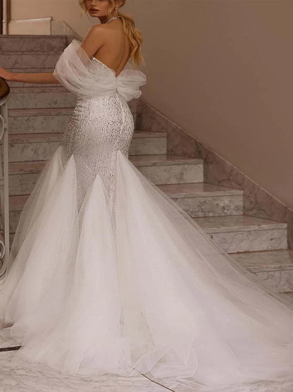 Gorgeous & Sparkling Mermaid Wedding Dresses Off The Shoulder Beads Crystals Tulle Sweep Train Bridal Gowns Custom Made