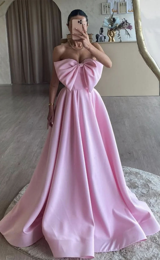 P1859-Charming Pink A-Line Sweetheart Bowknot Sleeveless Satin Prom Evening Dresses Formal Party Gowns With Train