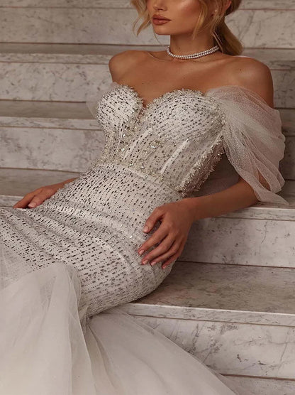 Gorgeous & Sparkling Mermaid Wedding Dresses Off The Shoulder Beads Crystals Tulle Sweep Train Bridal Gowns Custom Made