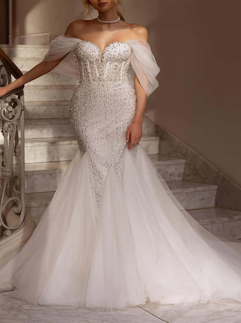 Gorgeous & Sparkling Mermaid Wedding Dresses Off The Shoulder Beads Crystals Tulle Sweep Train Bridal Gowns Custom Made