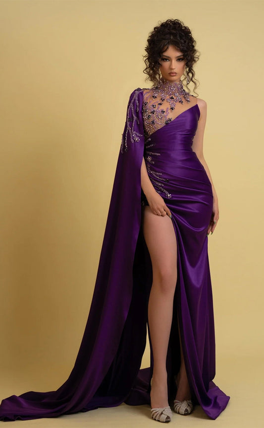 RP233-Purple Mermaid High Neck Beads Pleated Long Prom Evening Dresses Formal Party Gowns With Slit