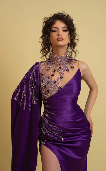 RP233-Purple Mermaid High Neck Beads Pleated Long Prom Evening Dresses Formal Party Gowns With Slit