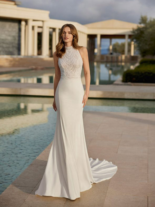 Elegant Mermaid Wedding Dresses High Neck Beads Appliques Backless Satin Sweep Train Ivory Bridal Gowns