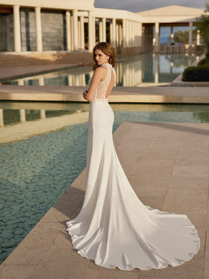 Elegant Mermaid Wedding Dresses High Neck Beads Appliques Backless Satin Sweep Train Ivory Bridal Gowns