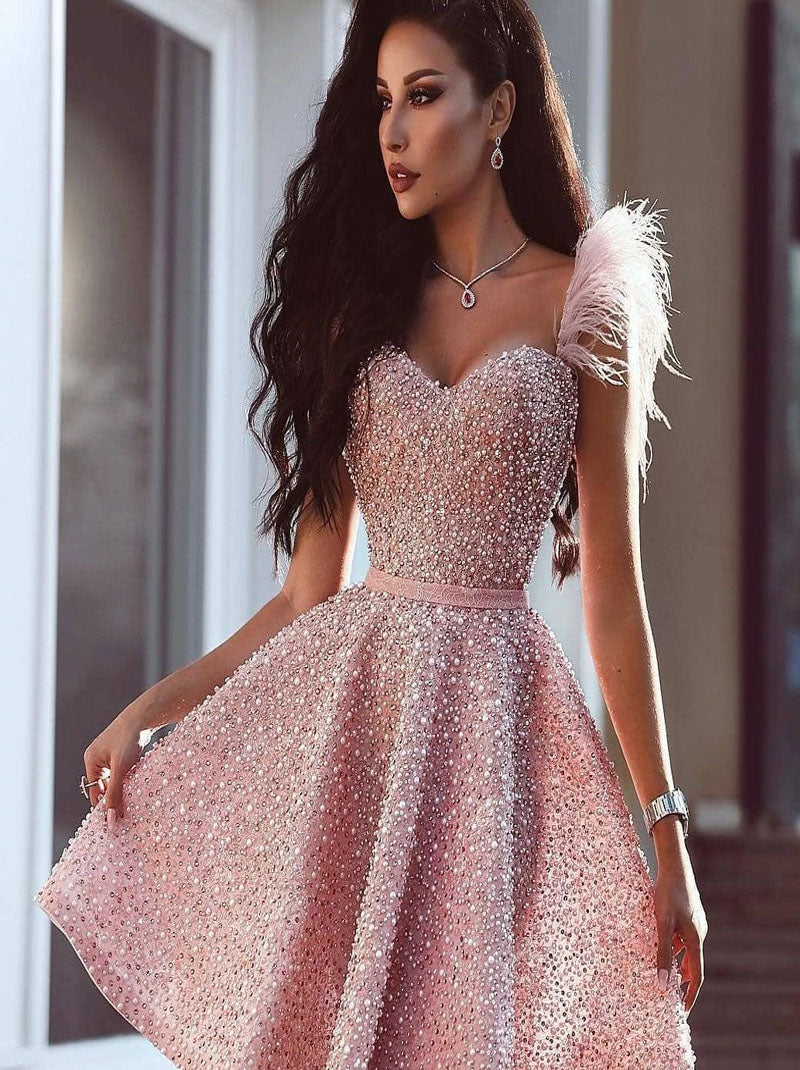 Elegant Pink A Line Sweetheart Spaghetti Sequins Beads Mini Short Homecoming Graduation Prom Gowns Party Cocktail Dresses