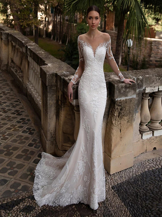 Sexy New Mermaid Off The Shoulder Long Sleeves Buttons Back Lace Appliques Long Wedding Dresses  For Bridals With Train