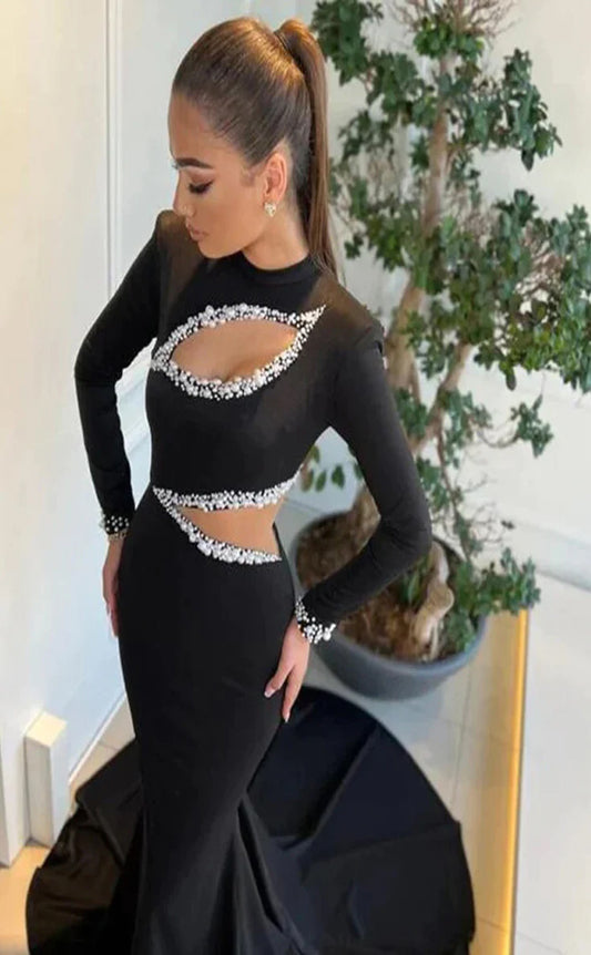 RP072-Sexy Black Mermaid Beads Pearls Long Sleeve Satin Special Occasion Prom Dress Party Dresses Evening Gowns Custom Made