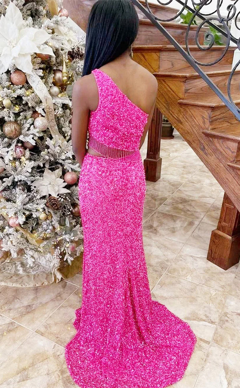 RP003-Luxury Trumpet One Shoulder Cutout Tassels Backless Sequins Long Prom Evening Dresses Formal Party Gowns With Slit