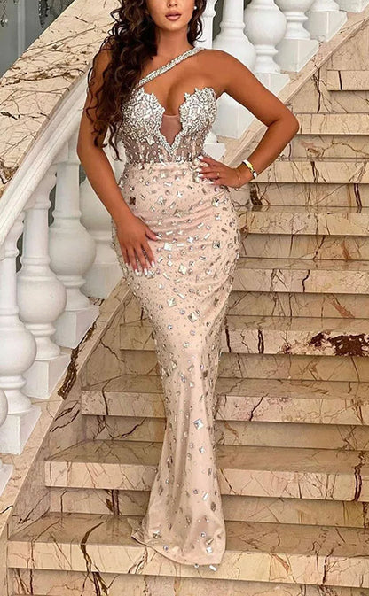 RP1869-Elegant Ivory Mermaid One Shoulder Crystals Sleeveless Tulle Long Prom Evening Dresses Formal Party Gowns