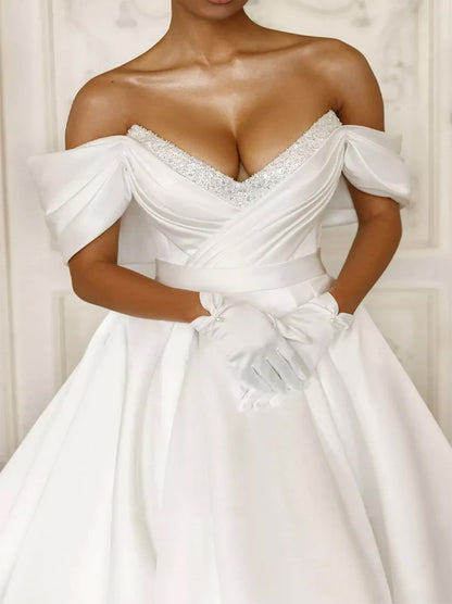 Modern Ball Gown Wedding Dresses Off The Shoulder Beads Pleated Sweep Train Satin Bridal Gowns Custom Made