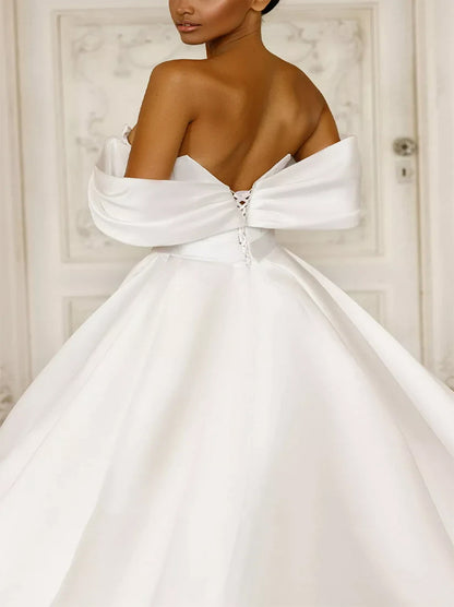 Modern Ball Gown Wedding Dresses Off The Shoulder Beads Pleated Sweep Train Satin Bridal Gowns Custom Made