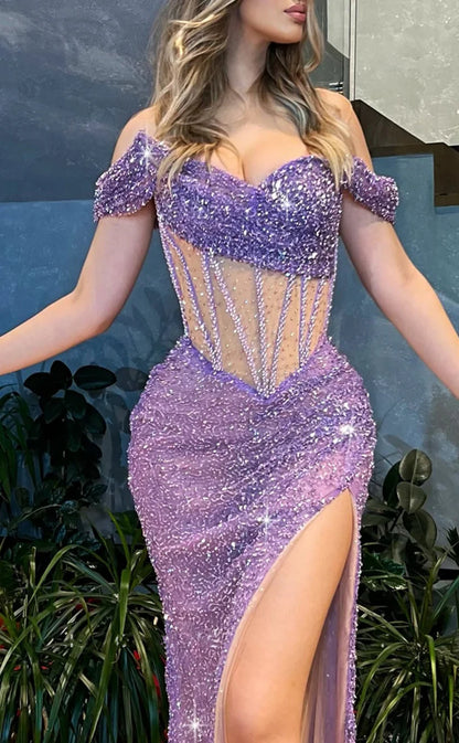 RP1870-Sparkling Purple Mermaid Off-the-Shoulder Sequins Cap Sleeves Prom Evening Dresses Formal Party Gowns With Slit