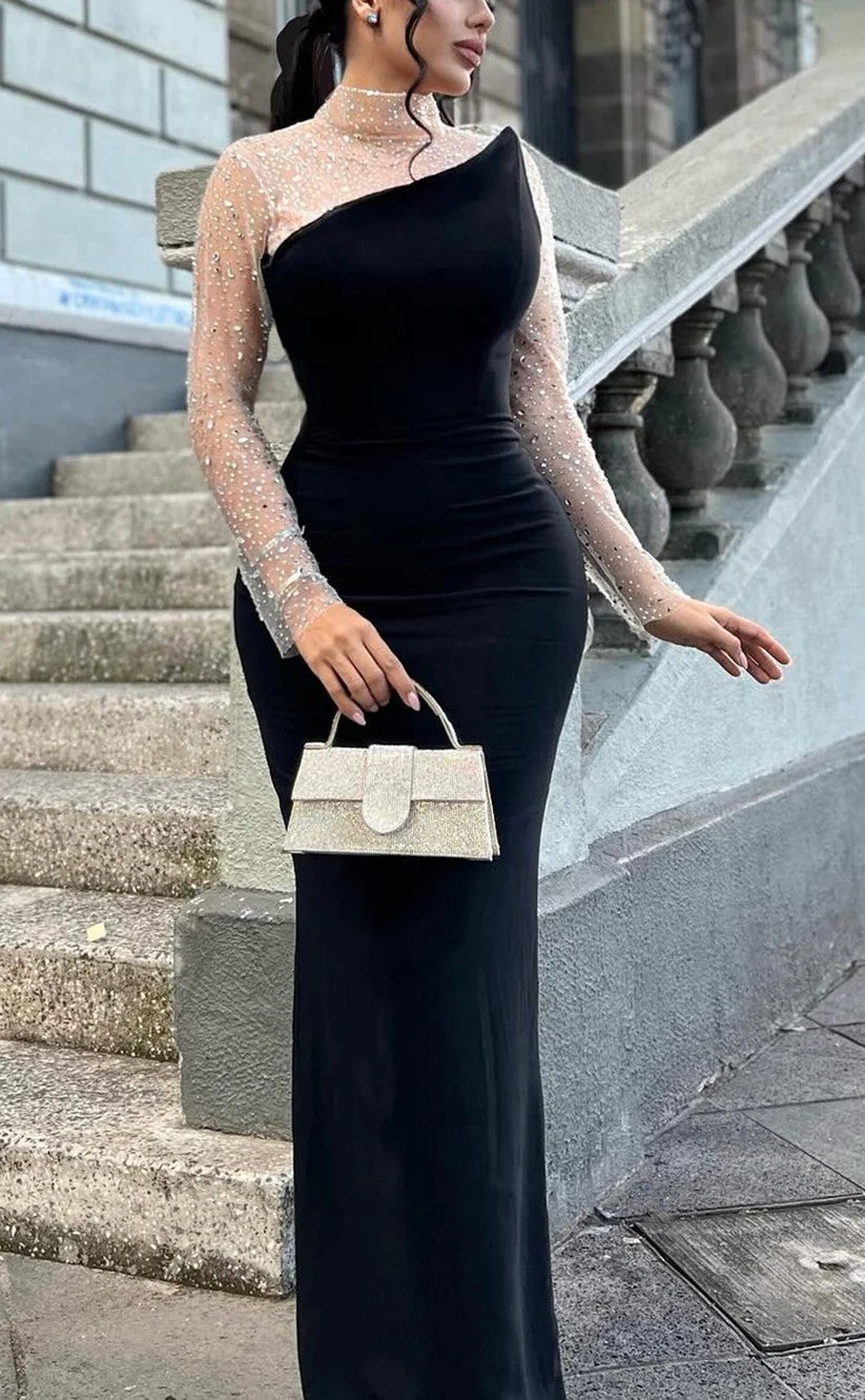 RP954-Elegant Black Mermaid High Neck Beads Long Sleeves Prom Evening Dresses Formal Party Gowns