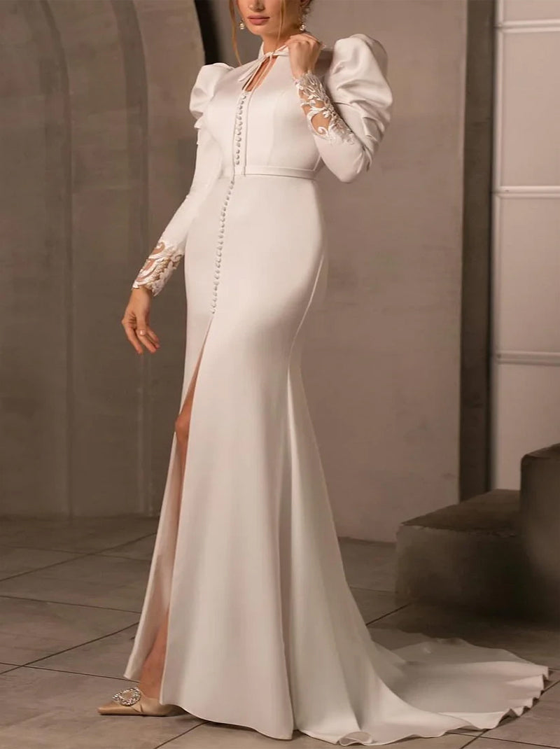 Charming & Elegant Mermaid Wedding Dresses High Collar Embroidered Bittons Satin Sweep Train Bridal Gowns With Slit