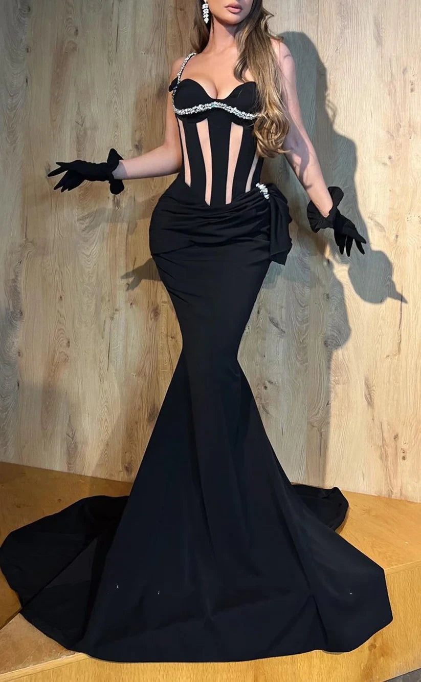 RP1868-New Black Mermaid Spaghetti Beaded Crystals Sleeveless Satin Prom Evening Dresses Formal Party Gowns With Train