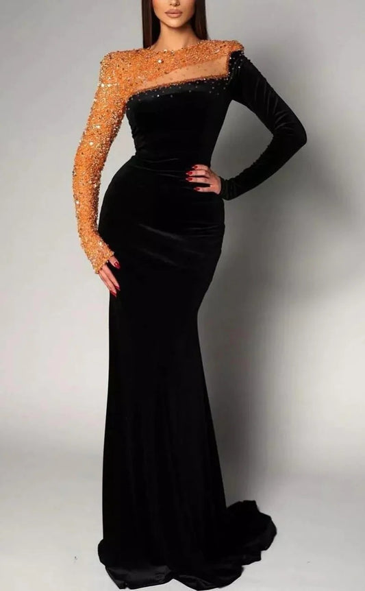 RP956-Elegant Black Mermaid High Neck Crystals Beads Long Sleeves Prom Evening Dresses Formal Party Gowns