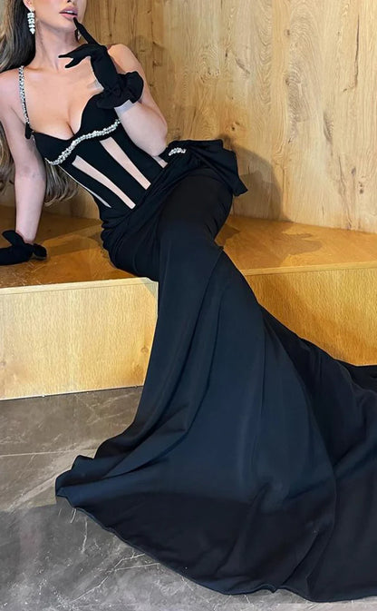 RP1868-New Black Mermaid Spaghetti Beaded Crystals Sleeveless Satin Prom Evening Dresses Formal Party Gowns With Train