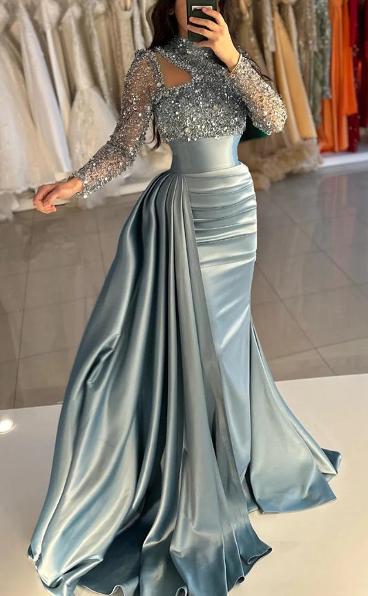 RP957-Elegant Mermaid High Neck Sequins Beads Long Sleeves Prom Evening Dresses Formal Party Gowns With Slit