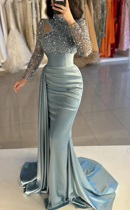 RP957-Elegant Mermaid High Neck Sequins Beads Long Sleeves Prom Evening Dresses Formal Party Gowns With Slit