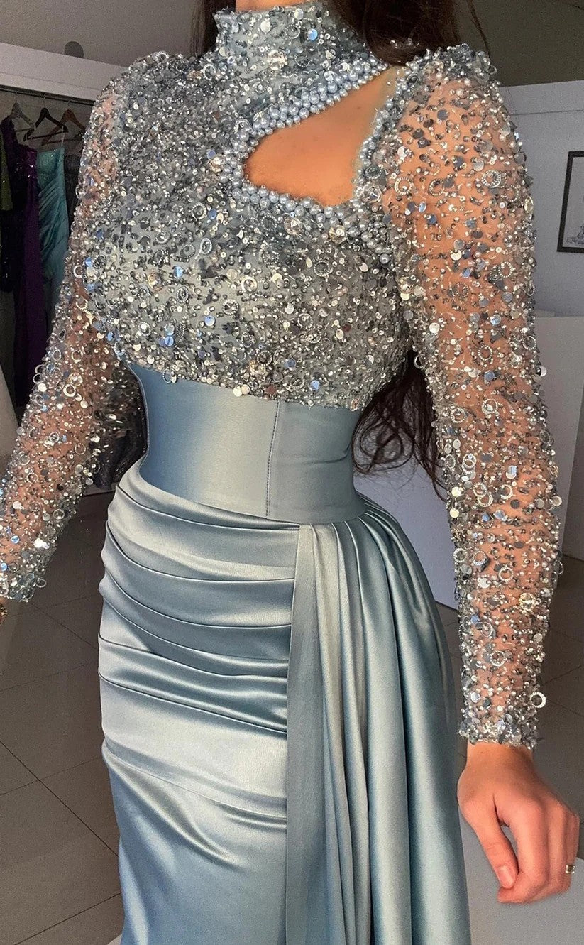 RP957-Elegant Mermaid High Neck Sequins Beads Long Sleeves Prom Evening Dresses Formal Party Gowns With Slit