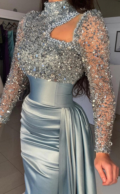 RP957-Elegant Mermaid High Neck Sequins Beads Long Sleeves Prom Evening Dresses Formal Party Gowns With Slit