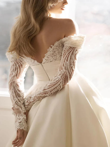 Elegant & Fanctastic Mermaid Wedding Dresses Off The Shoulder Pleated Beads Appliqued Long Sleeves Satin Detachable Court Train Bridal Gowns Custom