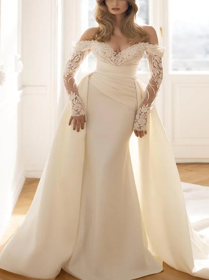 Elegant & Fanctastic Mermaid Wedding Dresses Off The Shoulder Pleated Beads Appliqued Long Sleeves Satin Detachable Court Train Bridal Gowns Custom