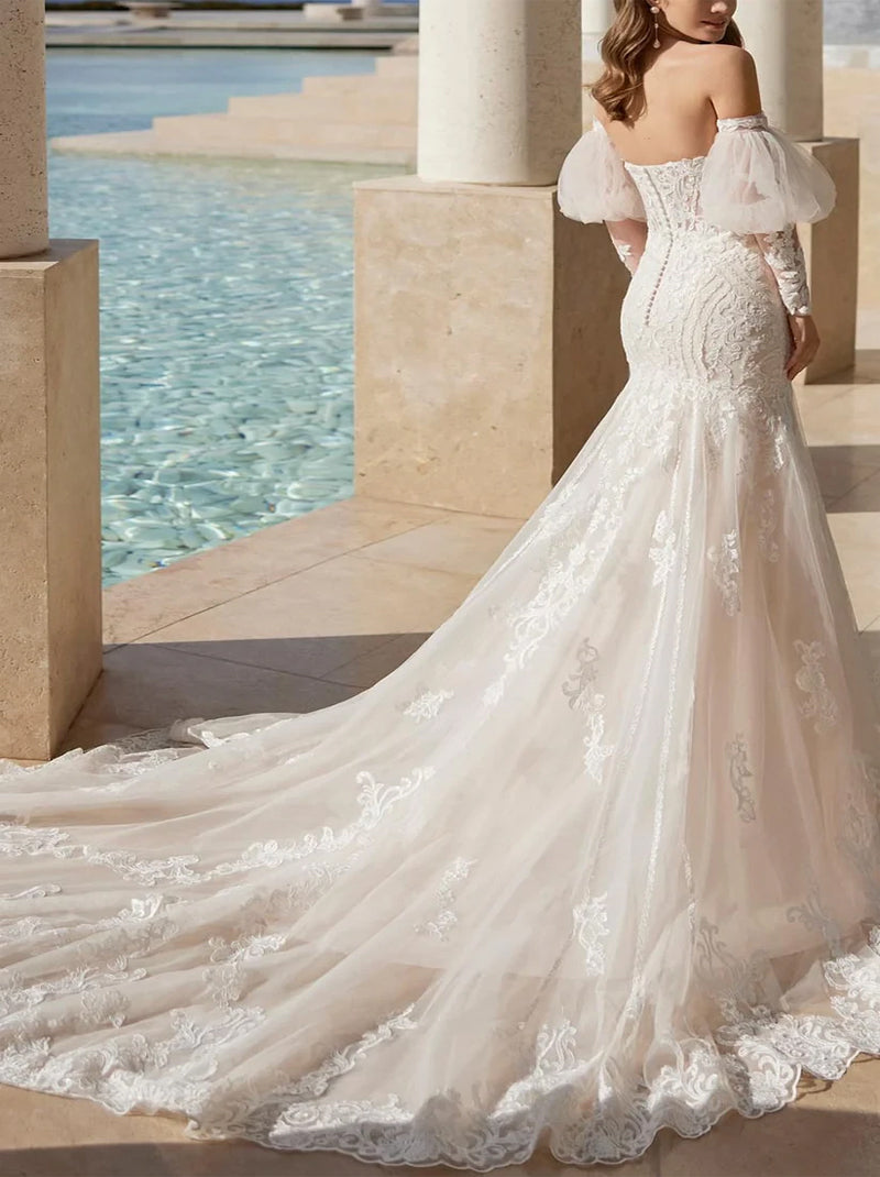 Elegant Mermaid Wedding Dresses Sweetheart Appliqued Detachable Long Sleeves Tulle Sweep Train Bridal Gowns Custom