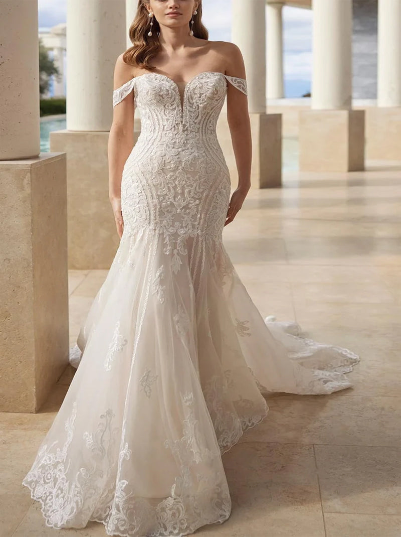 Elegant Mermaid Wedding Dresses Sweetheart Appliqued Detachable Long Sleeves Tulle Sweep Train Bridal Gowns Custom