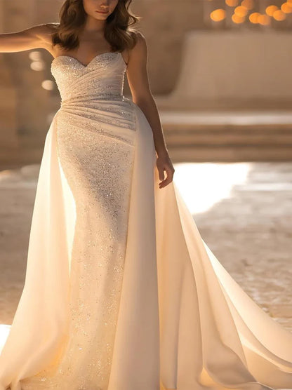 Elegant Mermaid Wedding Dresses Sweetheart Pleated Beads Detachable Long Sleeves Satin Court Train Bridal Gowns Custom