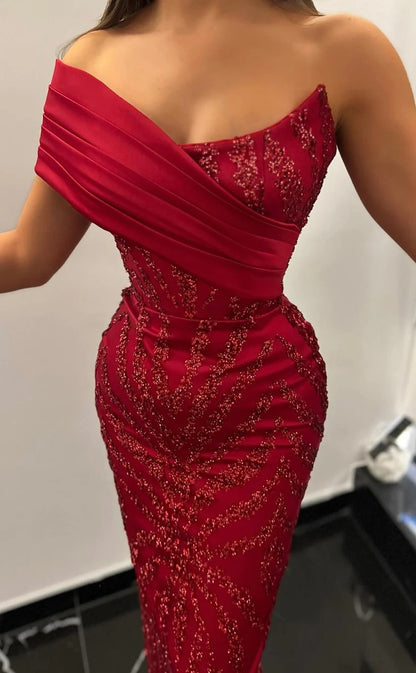RP960-Unique Red Mermaid Sweetheart Beads Sleeveless Prom Evening Dresses Formal Party Gowns