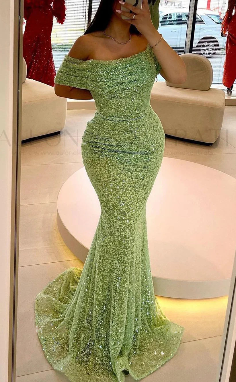 RP1862-Luxurious Green Mermaid Off-the-Shoulder Sequins Cap Sleeves Sequins Prom Evening Dresses Formal Party Gowns With Train